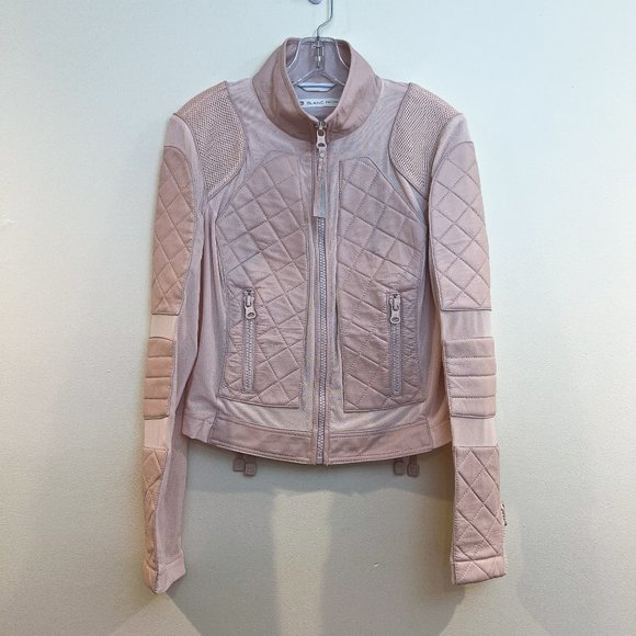 Blanc Noir Light Pink Leather Mesh Bohemian Lace Up Back Full Zip Moto Jacket L - Picture 3 of 14
